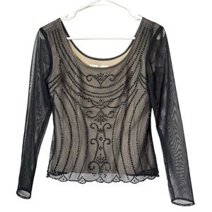 Vintage 90's Caliendo Black Mesh Rhinestone Long Sleeve Top